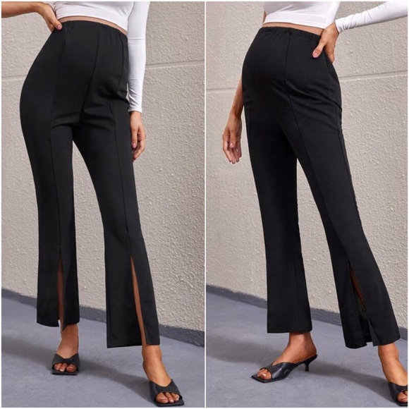 Black Slit Hem Wide Leg Pants work Office - Picture 1 of 4